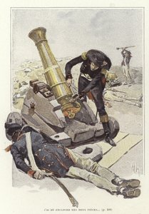 一名士兵在死亡士兵尸体旁边检查一门大炮 作者 Felicien男爵de Myrbach Rheinfeld