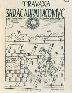 11 月一位农民在灌溉田地（水墨画） 作者 费利佩·华曼·波马·德·阿亚拉