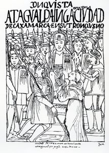 Diego de Almagro，Francisco Pizarro和Friar Vicente de Valverde在Cajamarca的Atahualpa Inca前跪 作者 费利佩·华曼·波马·德·阿亚拉