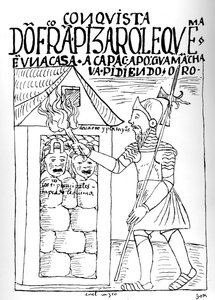 Don Francisco Pizarro点燃了Poma de Ayala祖父的房子 作者 费利佩·华曼·波马·德·阿亚拉