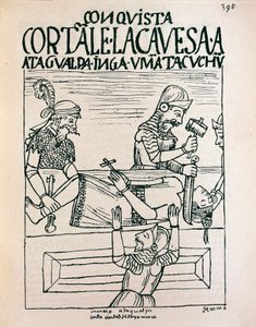 1533年7月28日在卡哈马卡被西班牙人处决的印加帝国统治者阿塔瓦尔帕（Atahualpa）（水墨画 作者 费利佩·华曼·波马·德·阿亚拉