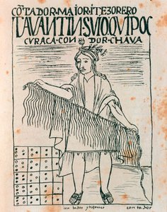Inca man holding a quipu: accounting system using strings and knots (Ink drawing 作者 费利佩·华曼·波马·德·阿亚拉