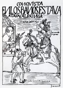 Sebastian de Benalcazar和Hernando Pizarro在Cajamarca（木刻）皇家浴场对抗Atahualpa印加人 作者 费利佩·华曼·波马·德·阿亚拉