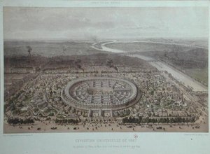 1867年巴黎世界博览会全景，从拉普门拍摄（彩色平版）。