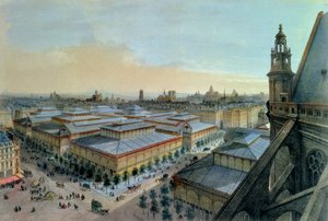 Les Halles看法在从圣徒Eustache上部画廊采取的巴黎，c。 1870至80年