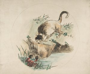 盘子的装饰：一只猎蟹的猫，1850-1914。 作者 费利克斯·布拉克蒙德