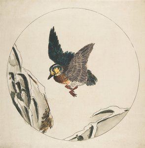 盘子的装饰：一只鸭子飞过白雪覆盖的树枝，1850-1914。 作者 费利克斯·布拉克蒙德