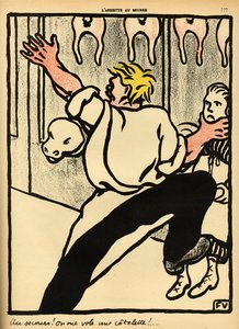 屠夫抓住一个女人的脖子，并在“犯罪和惩罚”，特别版“L&39;Assiette au Beurre”，1902年3月1日寻求帮助 作者 费利克斯·爱德华·瓦洛顿