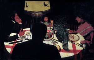 晚餐，灯效。 画家的代表围绕着他的妻子和漂亮的孩子。 菲利克斯·瓦洛顿 (Felix Vallotton) (1865-1925) 的绘画 跟随 作者 费利克斯·爱德华·瓦洛顿