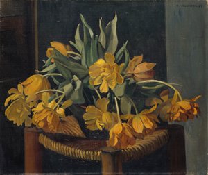 柳条椅子上的双黄色郁金香，1923年 作者 费利克斯·爱德华·瓦洛顿