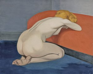 跪在红色沙发前的裸体女人，1915年