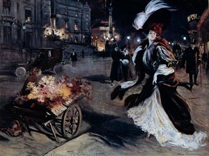 Belle Epoque：夜晚巴黎街道上白鹭的女人。 Felix Fournery (1865-1938) 的插图