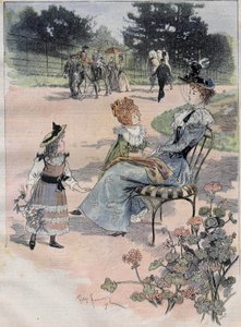 1892年，孩子们在巴黎的适应性花园散步。雕刻的是水生植物园。