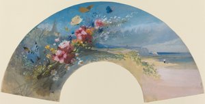 以诺曼海岸为背景的野花和蝴蝶的扇子，约1875年。 作者 菲利克斯·希拉勒·布霍特