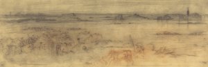 海景画，右边是一个设防的城市，左边是岛屿，前景是一个小屋，c1882。 作者 菲利克斯·希拉勒·布霍特