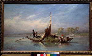 船上的家庭 (Transport de fourrage dans une barque a voile) - 船上的家庭 - 费奥多尔-瓦西里耶夫（费奥多尔-亚历山德罗维奇，费奥多尔-亚历山德罗维奇-瓦西里耶夫，1850-1873 年）的油画，布面油画