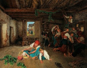 筹备庆祝葡萄酒丰收的活动，1860年。 作者 费迪南德·乔治·沃尔德米勒