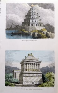 1886年在&39;Munchener Bilderbogen&39;上发表的一系列“世界七大奇迹”中的亚历山大大灯塔和哈利卡纳苏斯陵墓