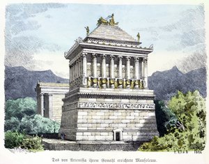 哈利卡纳苏斯陵墓，出自“Muenchnener Bilderbogen”的一系列“古代世界七大奇迹”。 1886年（彩色雕刻）