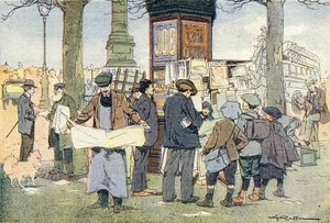 报刊亭里有报纸，载于《童年的想象》，约 1900 年（雕刻）。