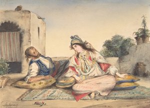1832年在他们的露台上的一对摩尔人夫妇（wc在韦弗纸上的石墨） 作者 费迪南德·维克多·尤金·德拉克罗瓦