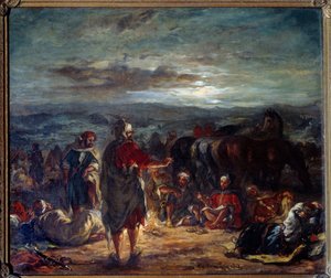 晚上的阿拉伯营地。 尤金·德拉克洛瓦 (Eugene Delacroix) 的绘画 (1798-1863) 作者 费迪南德·维克多·尤金·德拉克罗瓦