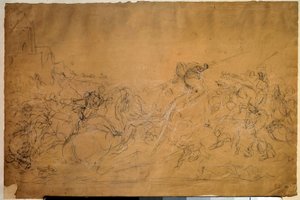 欧仁-德拉克洛瓦（1798-1863）的鲑鱼纸上的战斗场景素描 19世纪的太阳。0.30 X 0.45米，巴黎，卢浮宫博物馆 作者 费迪南德·维克多·尤金·德拉克罗瓦