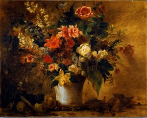 鲜花和水果 gres 花瓶中的花束。 Eugene Delacroix (1798-1863) 作画，约 1843 年 太阳。 74x93 厘米维也纳艺术史博物馆，新画廊 作者 费迪南德·维克多·尤金·德拉克罗瓦