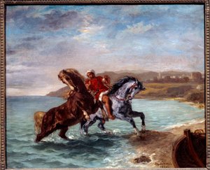 从海里出来的马。 尤金·德拉克洛瓦 (Eugene Delacroix) 的绘画 (1798-1863) 作者 费迪南德·维克多·尤金·德拉克罗瓦