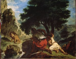 "摩洛哥猎狮" 尤金-德拉克洛瓦（1798-1863 年）的绘画作品 1854 年 东方主义 尺寸：74x92 厘米 圣彼得堡冬宫博物馆 作者 费迪南德·维克多·尤金·德拉克罗瓦
