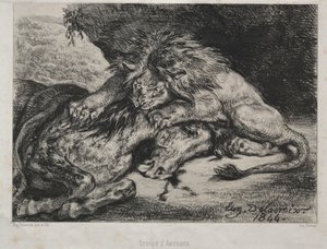 狮子吞噬马，1844年。 作者 费迪南德·维克多·尤金·德拉克罗瓦