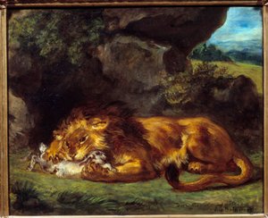 狮子打兔子。 尤金·德拉克洛瓦 (Eugene Delacroix) 的绘画 (1798-1863) 作者 费迪南德·维克多·尤金·德拉克罗瓦