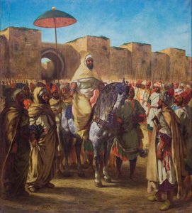 1845 年，摩洛哥苏丹穆莱-阿卜杜勒-拉赫曼（Moulay Abd-er-Rahman）在卫队和主要官员的簇拥下离开位于梅克内斯的宫殿（布面油画）。 作者 费迪南德·维克多·尤金·德拉克罗瓦