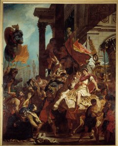 The Justice of Trajan A widow whose son was killed seeks justice from Emperor Trajan (Marcus Ulpius Trajanus, 53-117) leaving for war. Illustration of the Puragatory in “” La Divina Commedia”” (Divine Comeide) by Dante Alighieri (1265-1321) Painting by Eug 作者 费迪南德·维克多·尤金·德拉克罗瓦