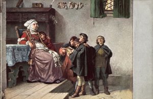 马丁·路德（Martin Luther）1499年在德国艾森纳赫（Eisenach）读书时向弗劳克塔（Frau Cotta）唱歌 作者 费迪南德·威廉·鲍威尔斯