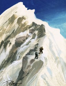 希拉里和 Tensing 沿着山脊一步一步地往前走
