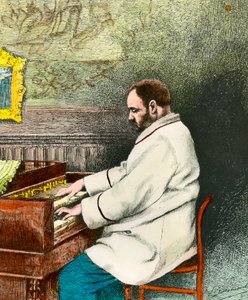 Portrait of Emile Zola (1840-1902) playing the organ. Engraving by Desmoulin (19th century). Coll. Get out. 作者 费尔南·德斯穆兰