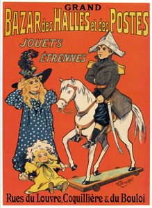 Grand Bazaar des Halles et des Posts 的广告海报：玩具和游戏商店（一个小木头拿破仑、一个女巫和一个洋娃娃） 插图：Fernand Fernel (Cerckel) (1872-1934) 1899 年 作者 费尔南德·费内尔