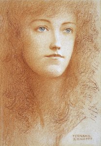 "一位年轻英国女子的肖像"，纸上三色堇，作者费尔南德-赫诺夫（1858-1921 年），约 1890 年 私人收藏 作者 费尔南德·科诺普夫