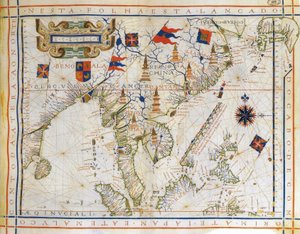 平面图，葡萄牙制图师 Fernao Vaz Dourado（约 1520 年至 1580 年）绘制的 1571 年前的墨卡托地图。该地图描绘了东印度、孟加拉湾、中国东南部、泰国、婆罗洲和日本。北回归线被命名为 "南回归线"。 作者 费尔纳·瓦兹·杜拉多