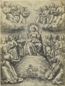 Fotoreproductie van engraving 天使的音乐会 Hieronymus Wierix 天使的演唱会 作者 菲尔兰特