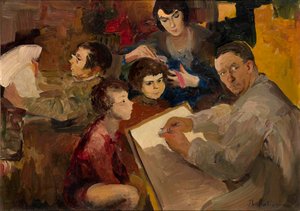 Autoportrait avec la famille (Self Portrait with Family) - Peinture de Filipp Andreyevich Maliavin (Maliavine) (ou Andreyevich Malyavin) (1869-1940), huile sur toile (46,5x64,5 cm), art russe, fin 19e-debut 20e siecle - Collection privee