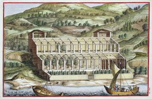 温室的结构，来自Giovanni Battista Ferrari的&39;Hesperides&39;，由Cammillo Congio（fl.1630）雕刻，1646年出版 作者 菲利波·加利亚里（Filippo Gagliardi）
