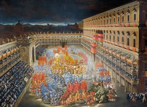 巴贝里尼宫庆祝 1656 年瑞典女王克里斯蒂娜抵达罗马的庆祝活动，由 Filippo Lauri（1623-1694 年）和 Filippo Gagliardi（1606-1659 年）绘制，细节 作者 菲利波和加利亚尔迪菲利波劳里