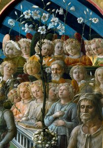 The coronation of the Virgin Detail of the chorist angels holding flowers of lilies. The character below right is Saint John the Baptist patron saint of Florence. Painting by Filippo Lippi (1457-1504)