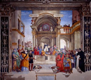 Triumph of Saint Thomas Aquinas on the heretics In the background, view of the Basilica of Saint John Lateran with the equestrian monument to Marc Aurele. Thomas Aquinas is surrounded by four female figures representing philosophy, astronomy, theology and 