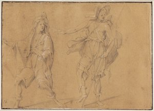 一个奔跑的身影，头戴斗篷；一个站立的人，头戴斗笠，手持法杖 作者 Filippo Paladini