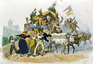 那不勒斯人从远足到 Montevergine 后兴高采烈地回来了。 F. Palizzi 从 De Bourcard 的“Costumi del regno di Napoli”中绘制 作者 菲利波·帕利齐