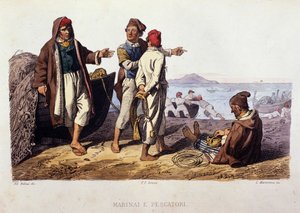 Small metier of the Kingdom of Naples: sailors and fishermen. Engraving after a painting by F. Palizza. From a work by Francesco de Bourcard “” Costumi del regno di Napoli””