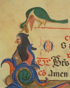 Missal 515 42r一只奇异的鸟栖息在一个隐形的身影之上，装饰的初始R的细节和一个合唱书的边界在1449年之前执行的牛皮纸细节56727